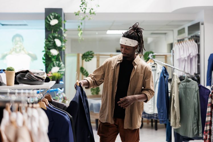 Customer browsing clothing selection in store