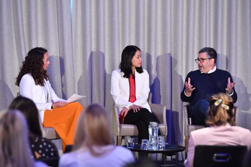 Drapers' editor Jill Geoghegan is joined on stage by Mei Chen, head of fashion and luxury for international business of Alibaba and Andrea Baldo, CEO, Ganni